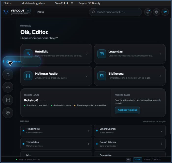 Novo workspace do VeroCut IA dentro do Adobe Premiere Pro