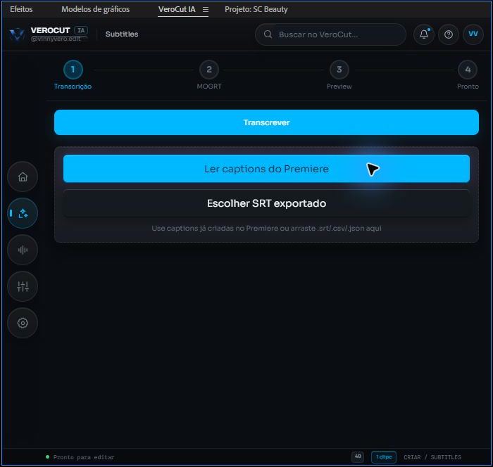 Novo fluxo de legendas do VeroCut IA